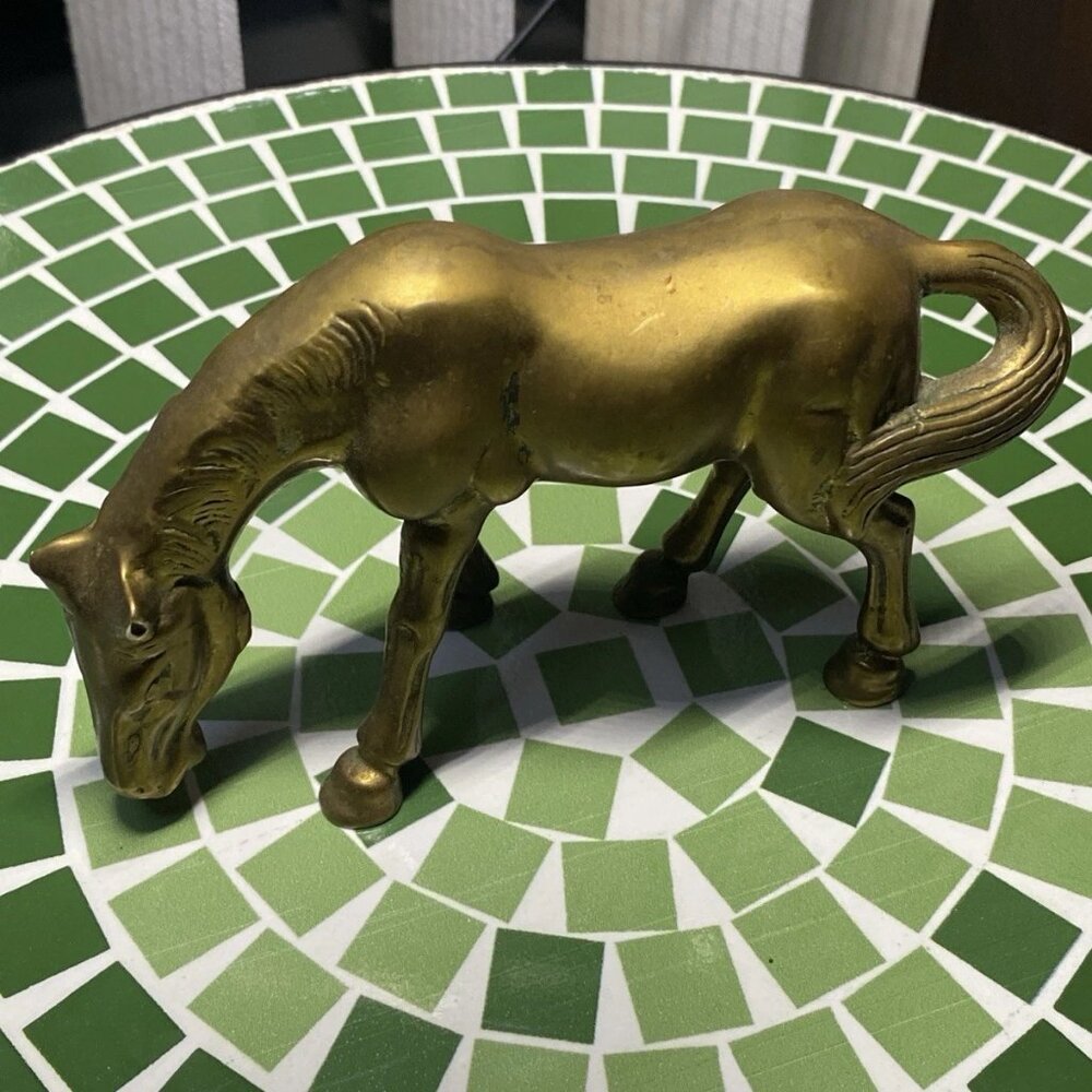 Vintage Solid Brass Grazing Horse Figurine 5.5” Mid Century